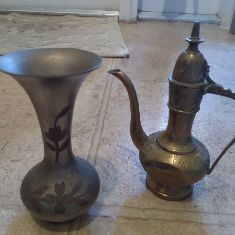 Pewter Etched Vase and Coffee Urn - vintage